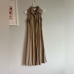 Vintage The Limited Raw Silk Long Slit Button Up Dress Tan Khaiki XS